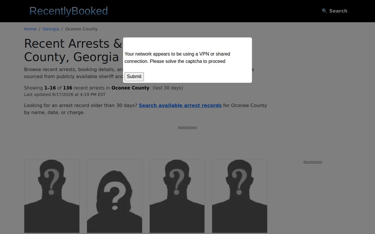 Oconee County third-party booking archive interface